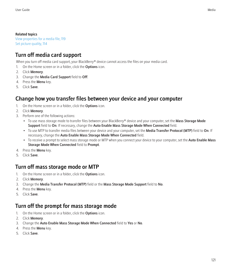 Turn off media card support, Turn off mass storage mode or mtp, Turn off the prompt for mass storage mode | Blackberry Bold 9700 User Manual | Page 123 / 332