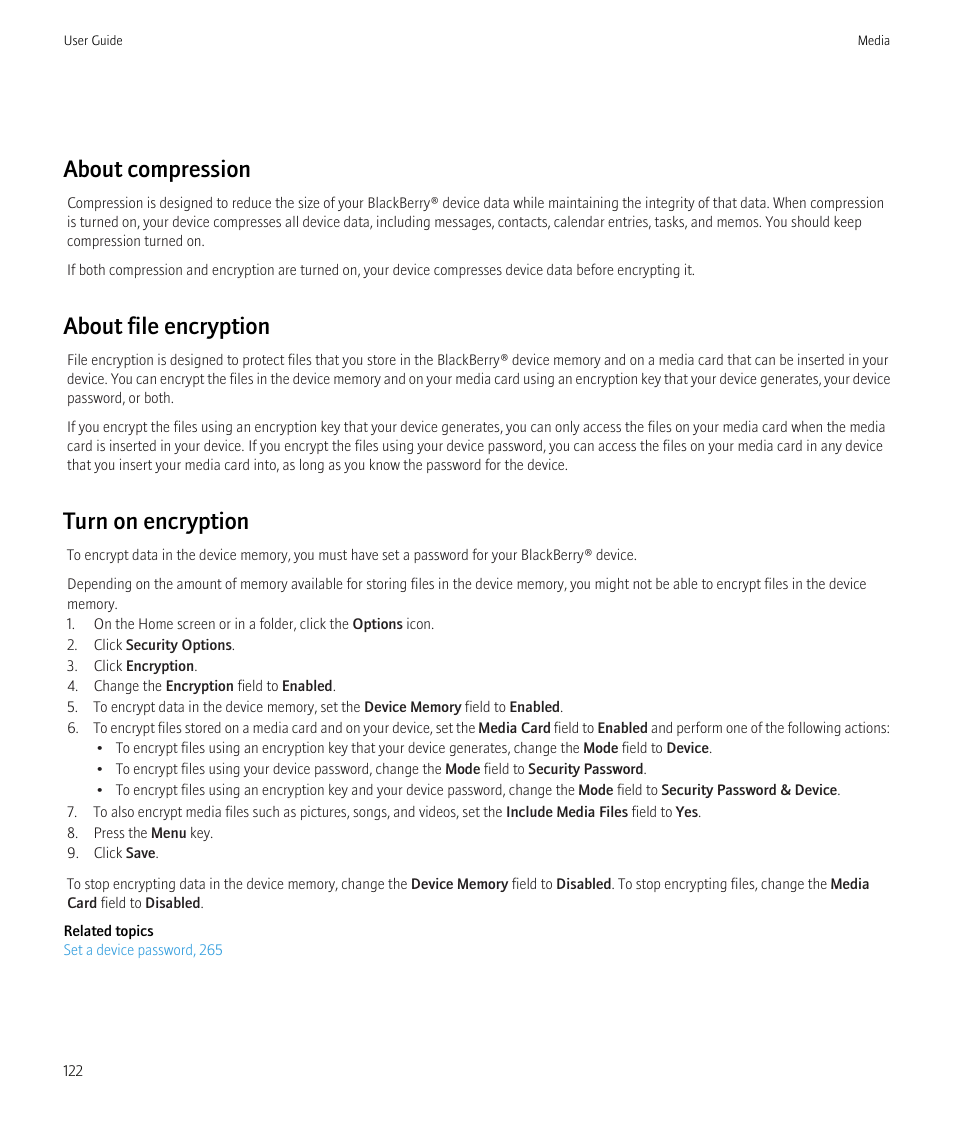 About compression, About file encryption, Turn on encryption | Blackberry Bold 9700 User Manual | Page 124 / 332
