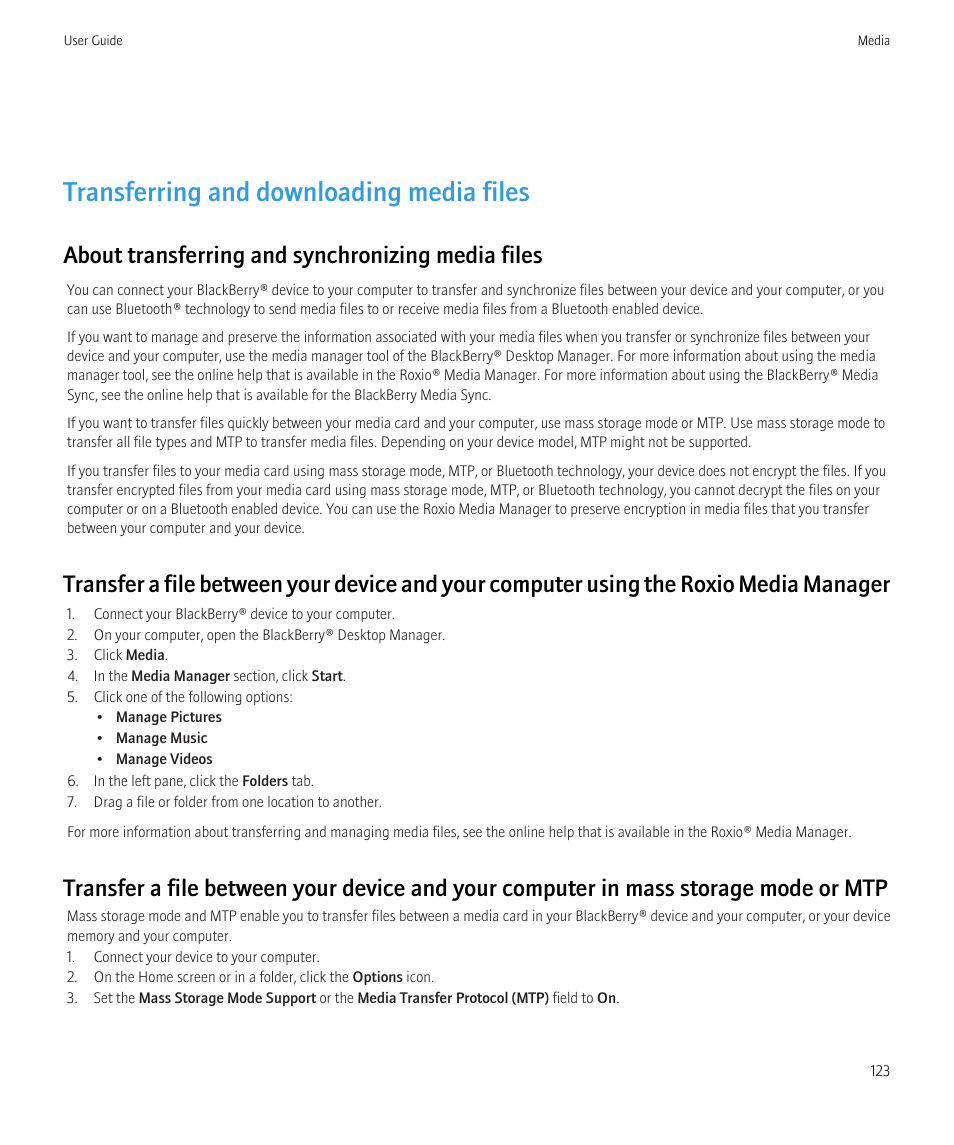 Transferring and downloading media files, About transferring and synchronizing media files | Blackberry Bold 9700 User Manual | Page 125 / 332