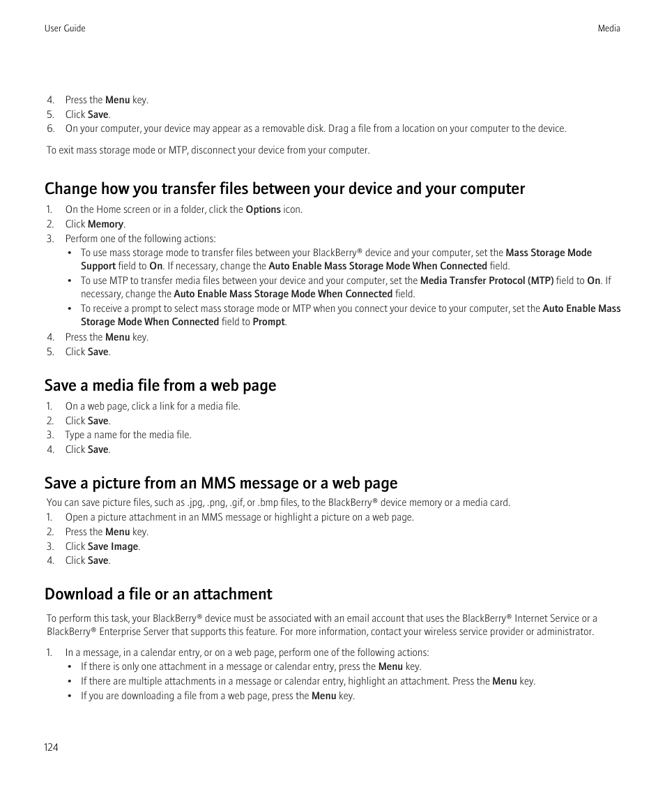 Save a media file from a web page, Save a picture from an mms message or a web page, Download a file or an attachment | Blackberry Bold 9700 User Manual | Page 126 / 332