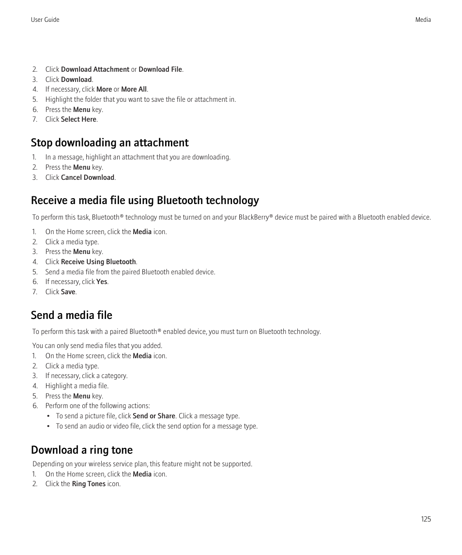 Stop downloading an attachment, Receive a media file using bluetooth technology, Send a media file | Download a ring tone | Blackberry Bold 9700 User Manual | Page 127 / 332