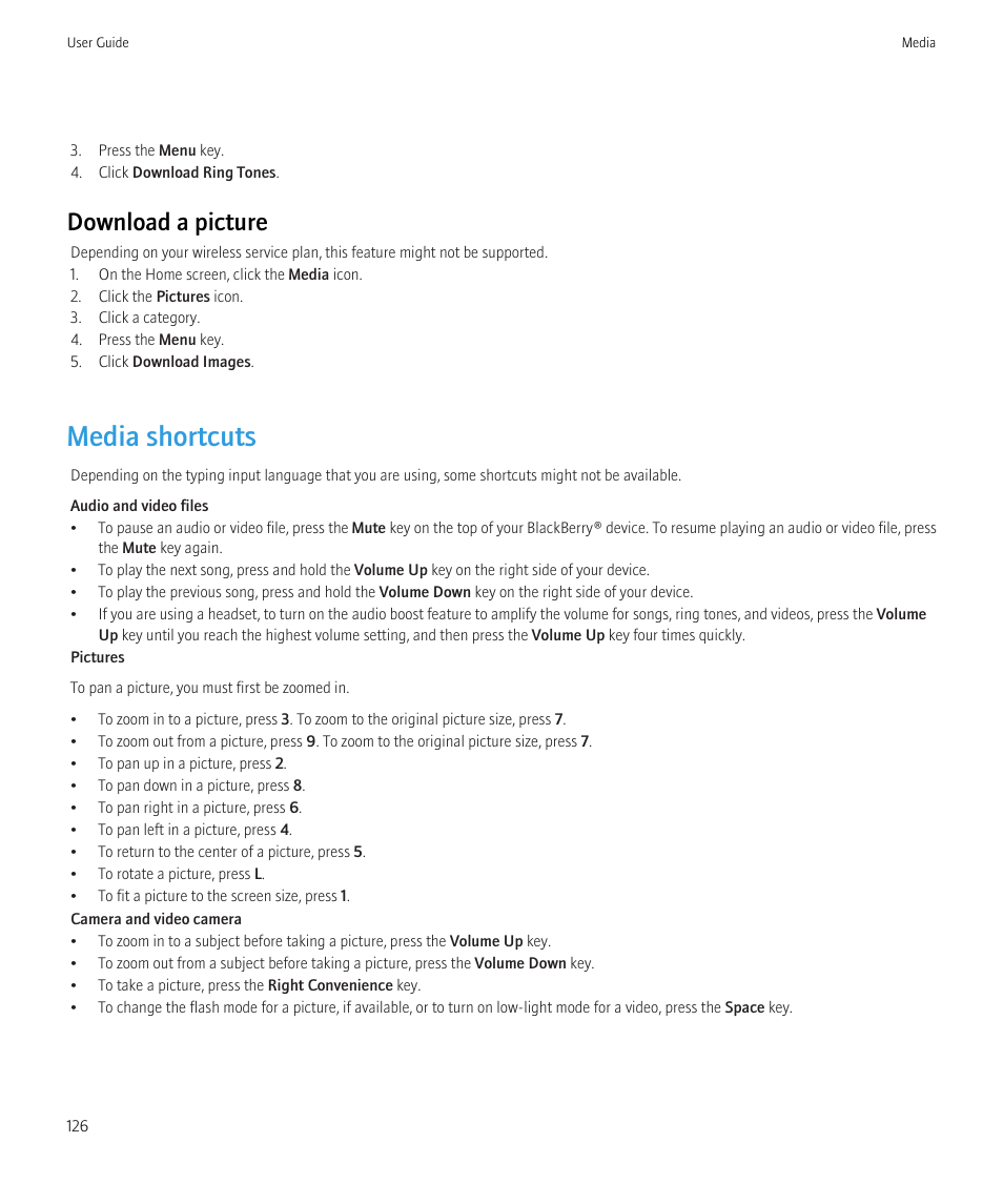 Media shortcuts, Download a picture | Blackberry Bold 9700 User Manual | Page 128 / 332