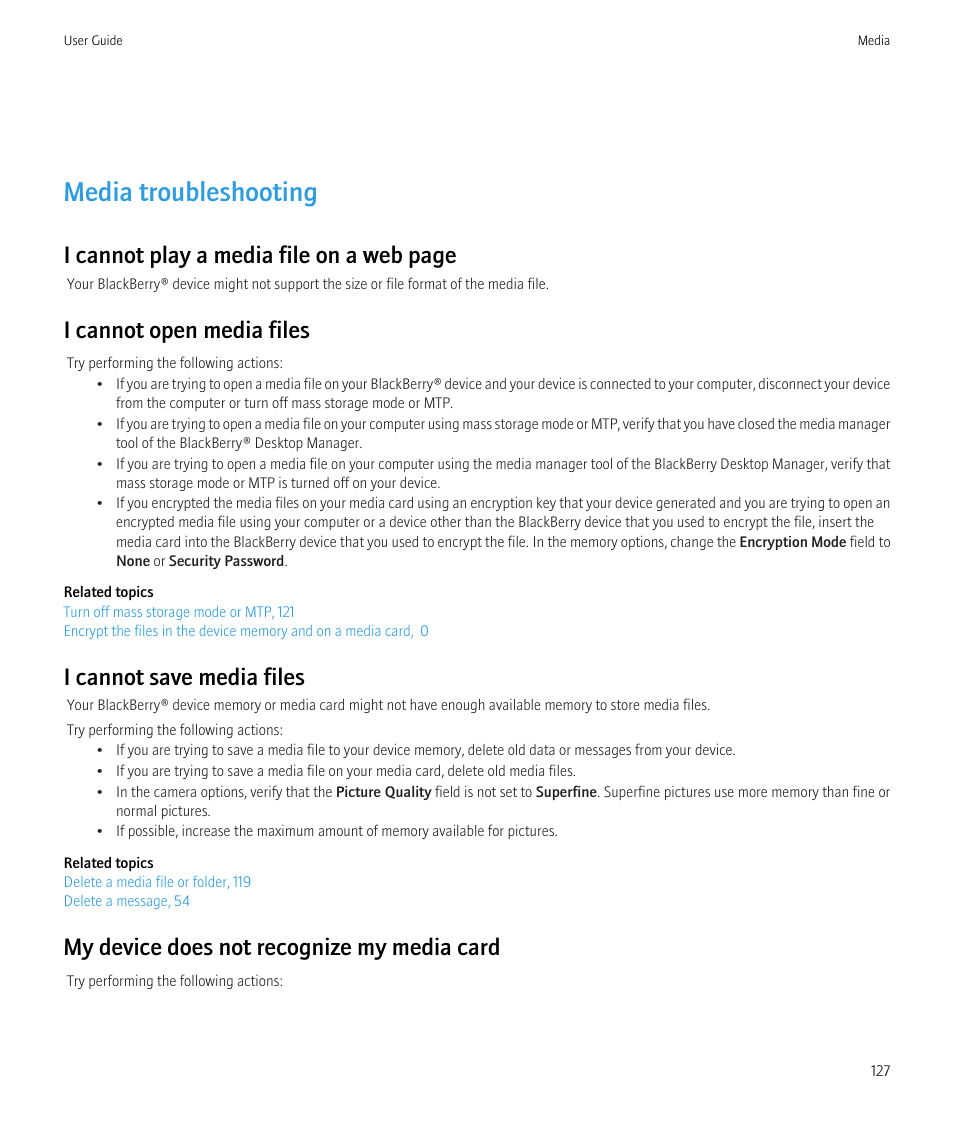 Media troubleshooting, I cannot play a media file on a web page, I cannot open media files | I cannot save media files, My device does not recognize my media card | Blackberry Bold 9700 User Manual | Page 129 / 332