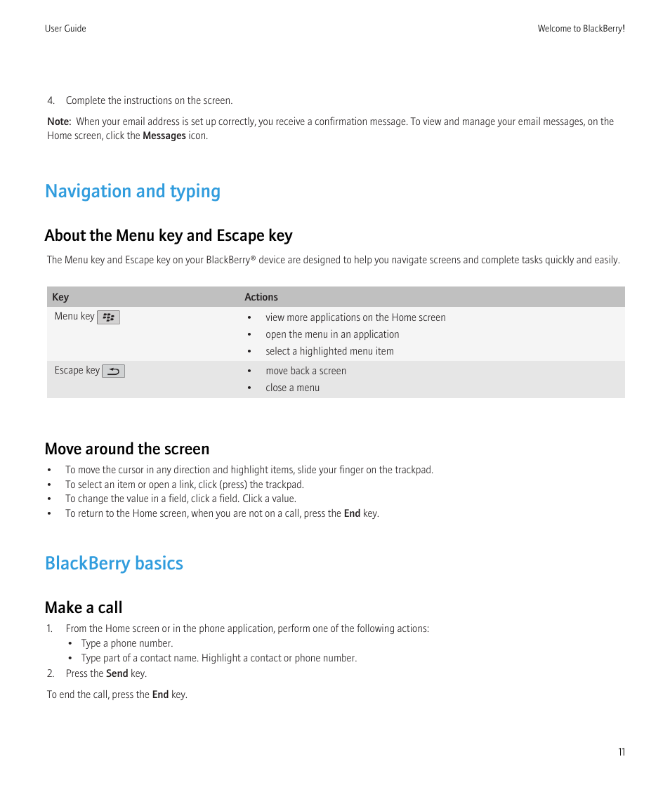 Navigation and typing, Blackberry basics, About the menu key and escape key | Move around the screen, Make a call | Blackberry Bold 9700 User Manual | Page 13 / 332