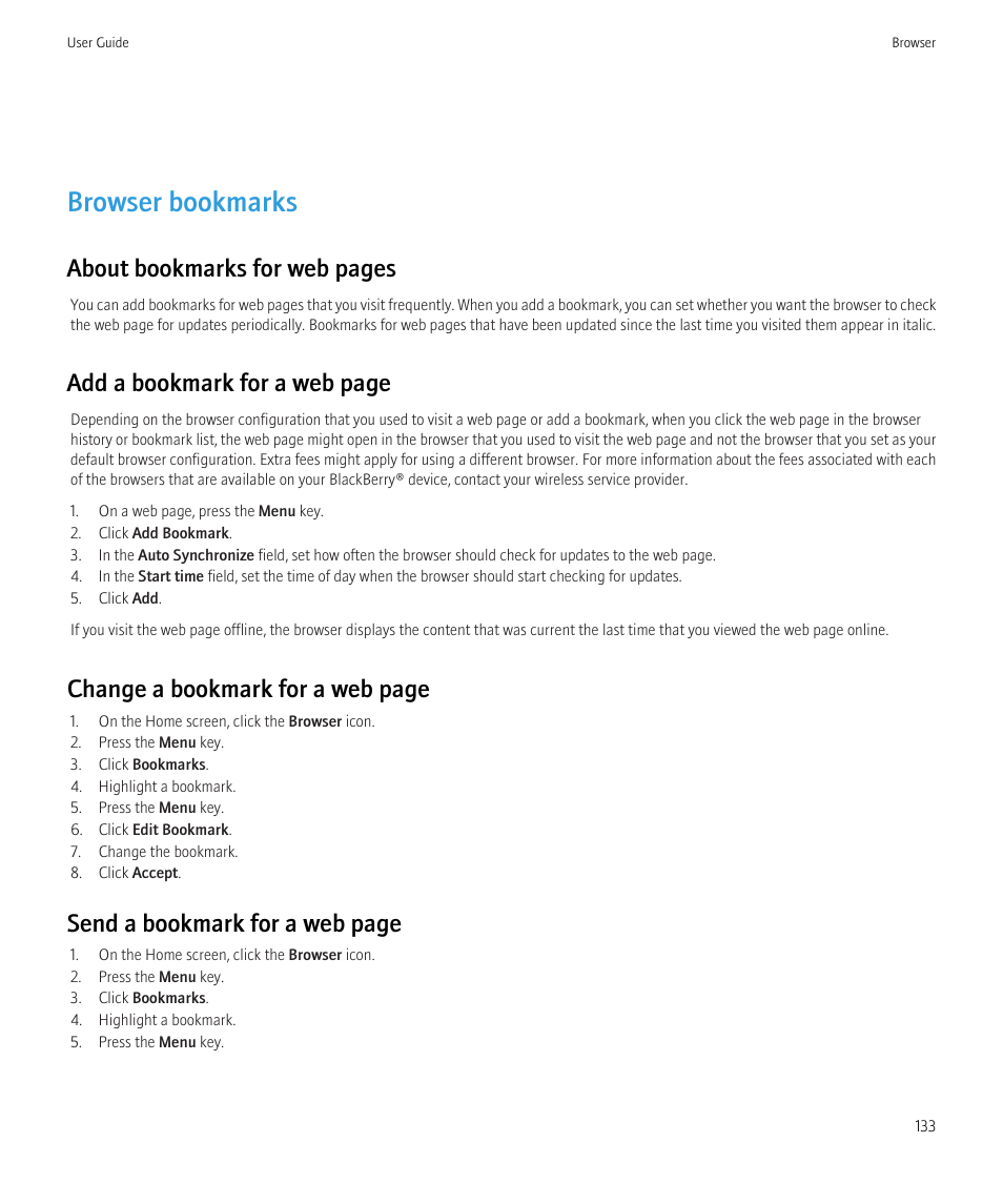 Browser bookmarks, About bookmarks for web pages, Add a bookmark for a web page | Change a bookmark for a web page, Send a bookmark for a web page | Blackberry Bold 9700 User Manual | Page 135 / 332