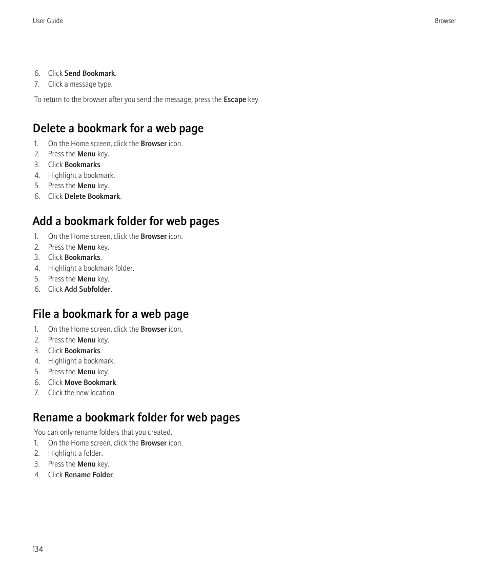 Delete a bookmark for a web page, Add a bookmark folder for web pages, File a bookmark for a web page | Rename a bookmark folder for web pages | Blackberry Bold 9700 User Manual | Page 136 / 332
