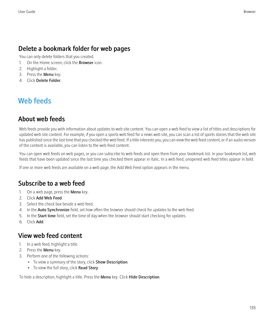 Web feeds, Delete a bookmark folder for web pages, About web feeds | Subscribe to a web feed, View web feed content | Blackberry Bold 9700 User Manual | Page 137 / 332