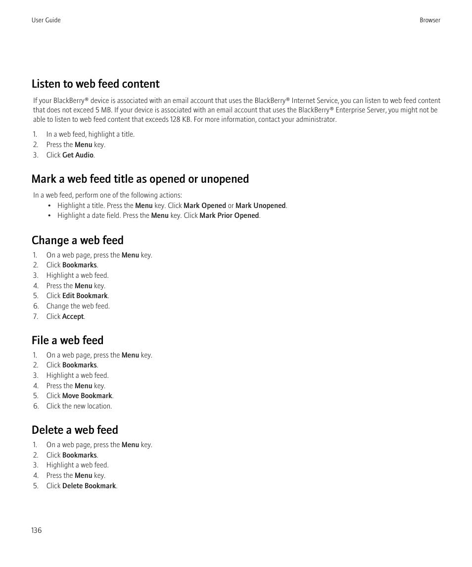 Listen to web feed content, Mark a web feed title as opened or unopened, Change a web feed | File a web feed, Delete a web feed | Blackberry Bold 9700 User Manual | Page 138 / 332