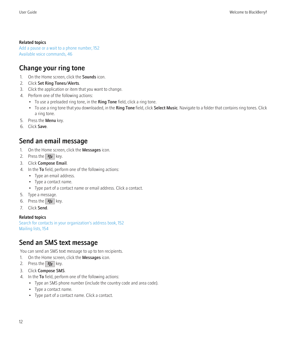 Change your ring tone, Send an email message, Send an sms text message | Blackberry Bold 9700 User Manual | Page 14 / 332