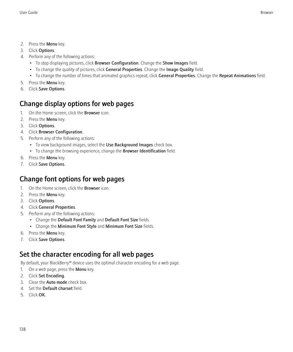 Change display options for web pages, Change font options for web pages, Set the character encoding for all web pages | Blackberry Bold 9700 User Manual | Page 140 / 332