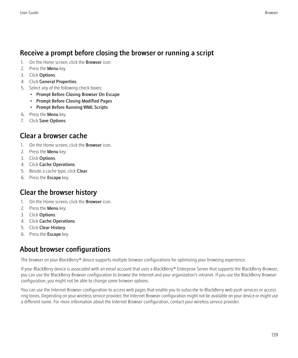 Clear a browser cache, Clear the browser history, About browser configurations | Blackberry Bold 9700 User Manual | Page 141 / 332