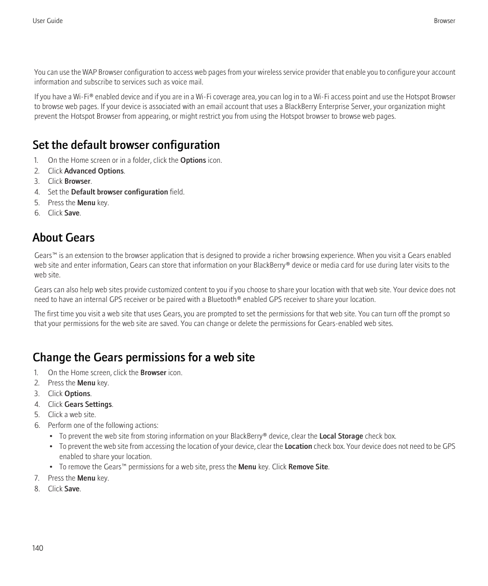 Set the default browser configuration, About gears, Change the gears permissions for a web site | Blackberry Bold 9700 User Manual | Page 142 / 332