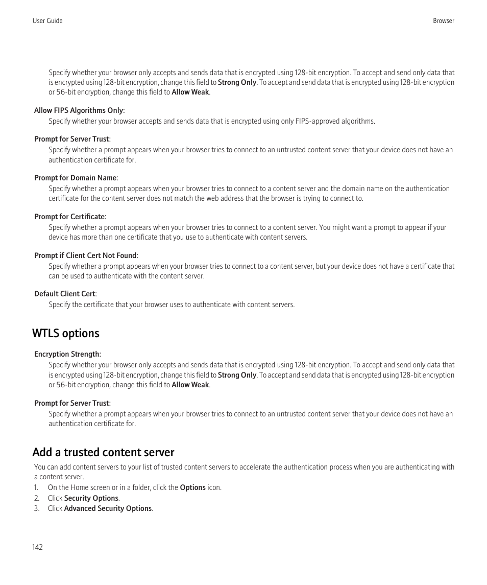 Wtls options, Add a trusted content server | Blackberry Bold 9700 User Manual | Page 144 / 332