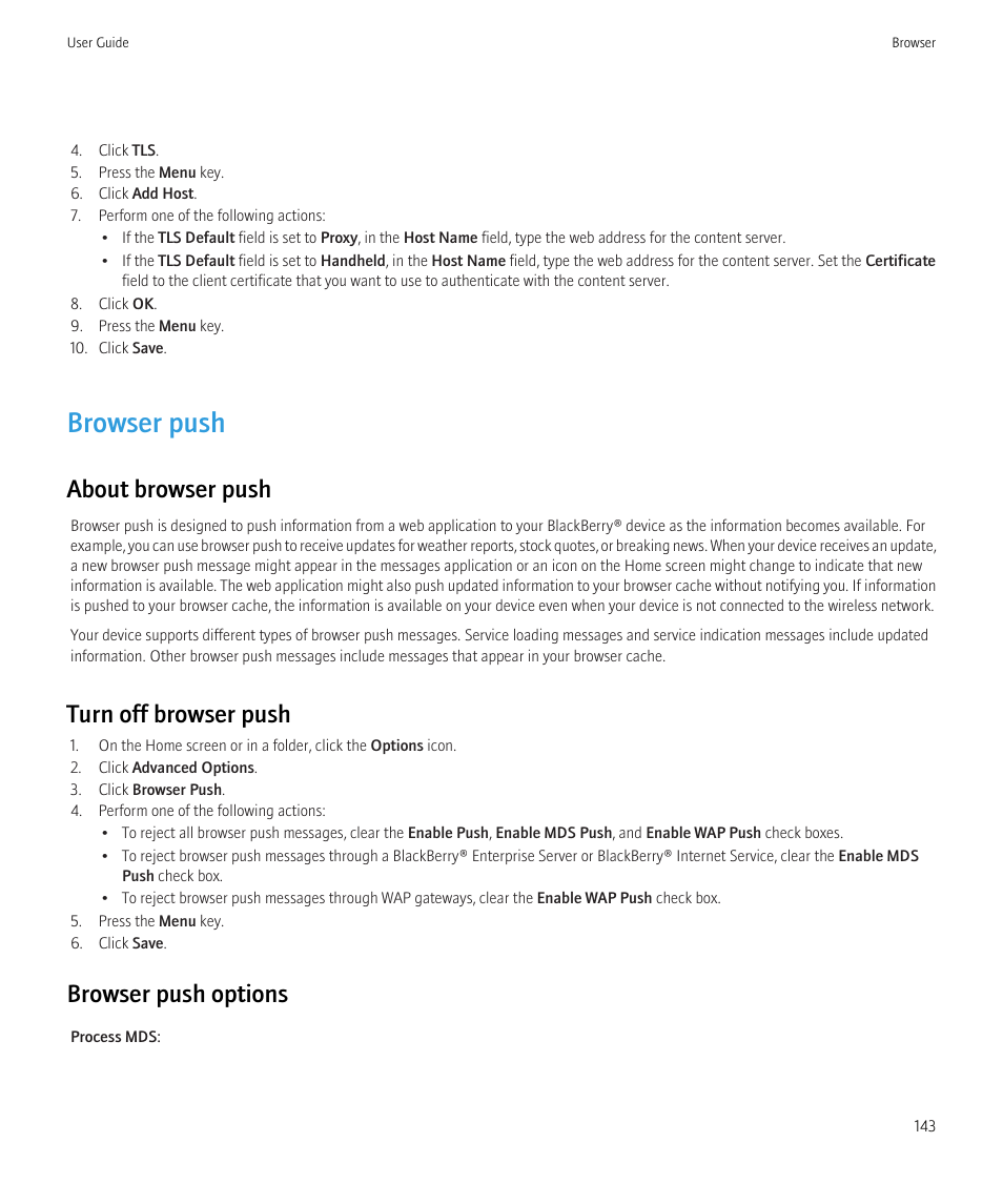 Browser push, About browser push, Turn off browser push | Browser push options | Blackberry Bold 9700 User Manual | Page 145 / 332