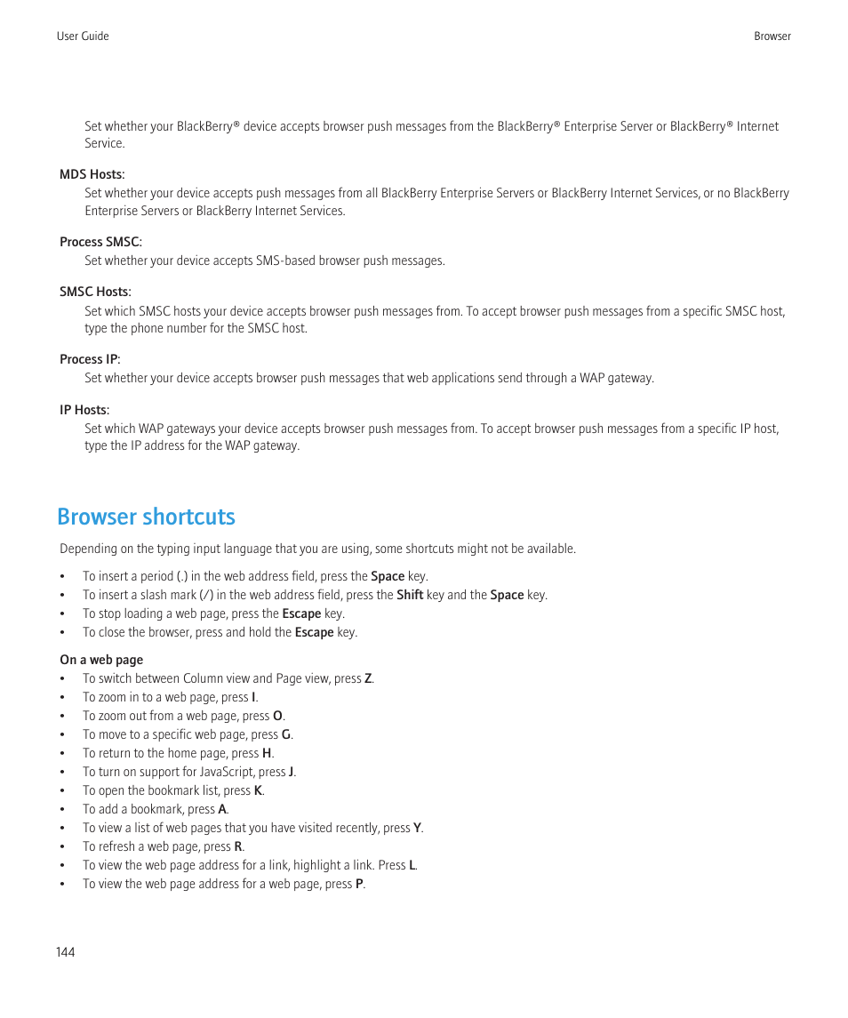 Browser shortcuts | Blackberry Bold 9700 User Manual | Page 146 / 332