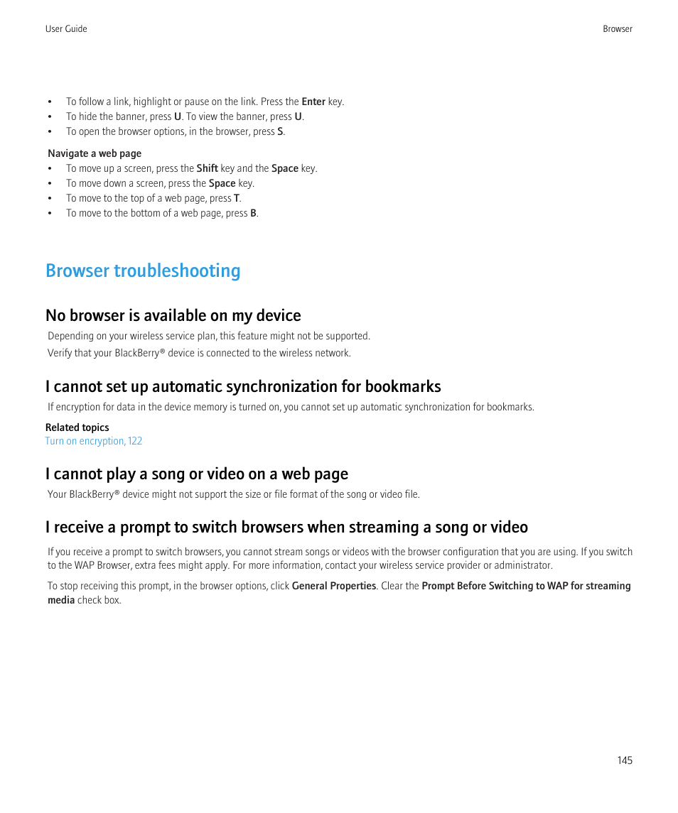 Browser troubleshooting, No browser is available on my device, I cannot play a song or video on a web page | Blackberry Bold 9700 User Manual | Page 147 / 332