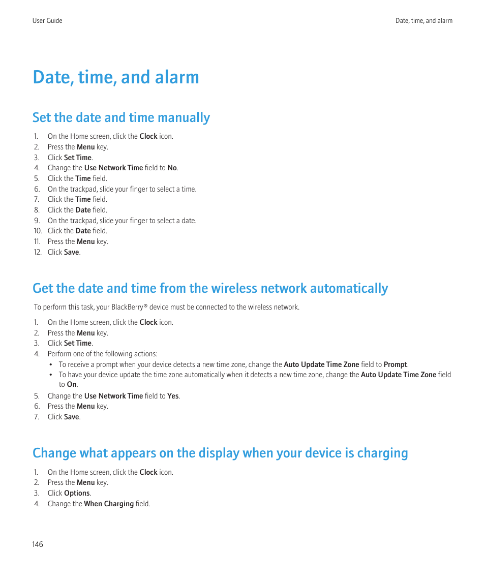 Date, time, and alarm, Set the date and time manually | Blackberry Bold 9700 User Manual | Page 148 / 332