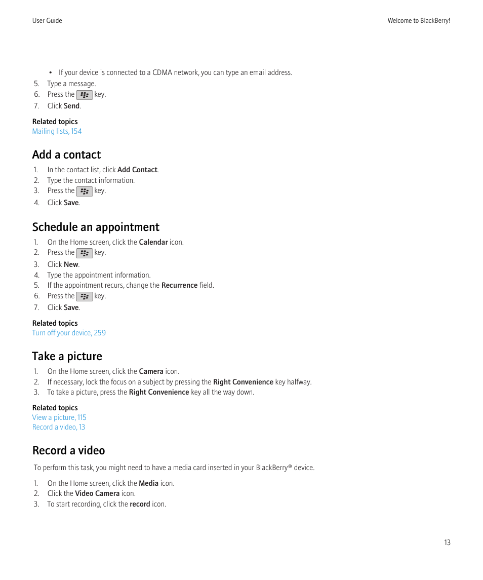 Add a contact, Schedule an appointment, Take a picture | Record a video | Blackberry Bold 9700 User Manual | Page 15 / 332