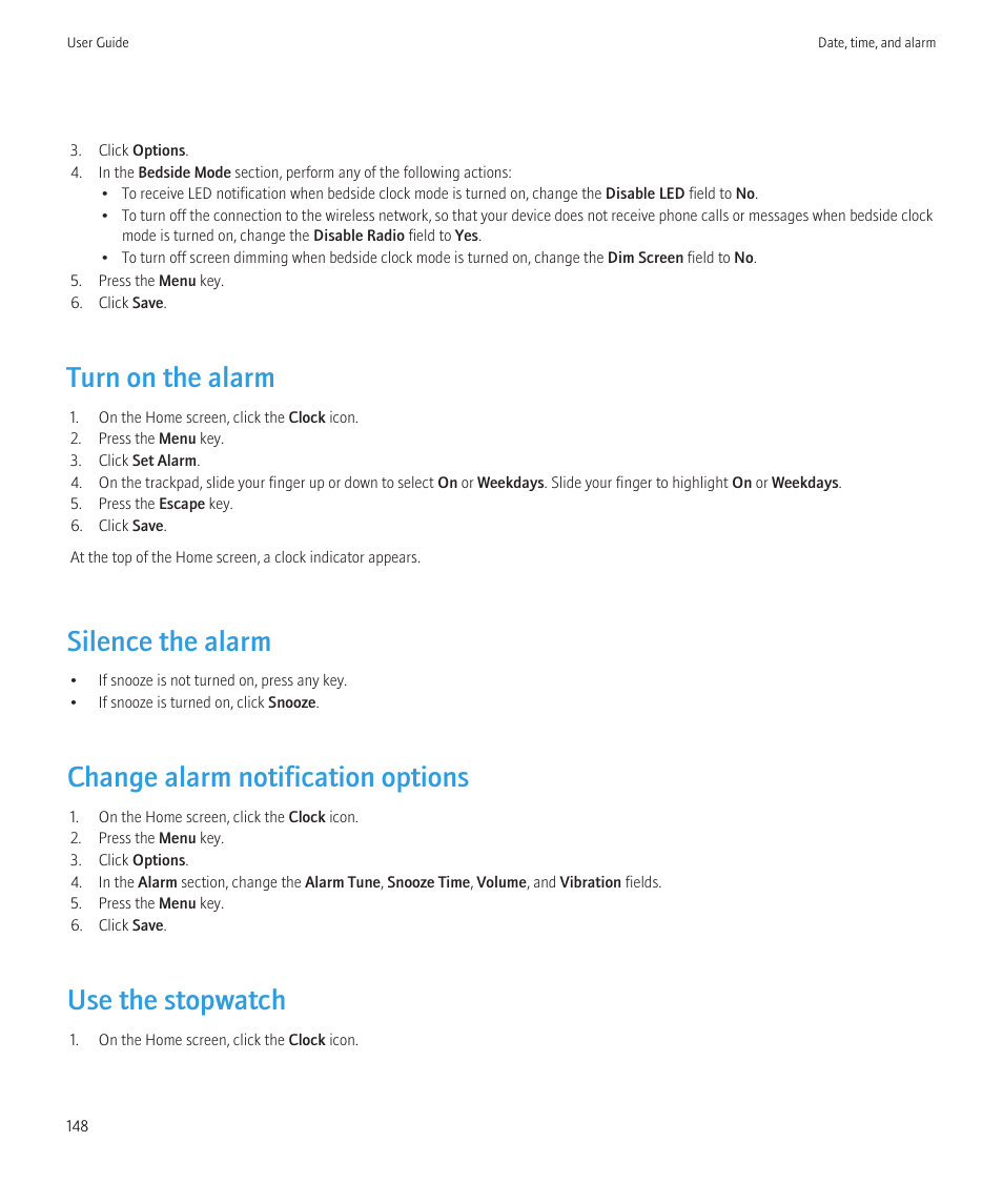 Turn on the alarm, Silence the alarm, Change alarm notification options | Use the stopwatch | Blackberry Bold 9700 User Manual | Page 150 / 332