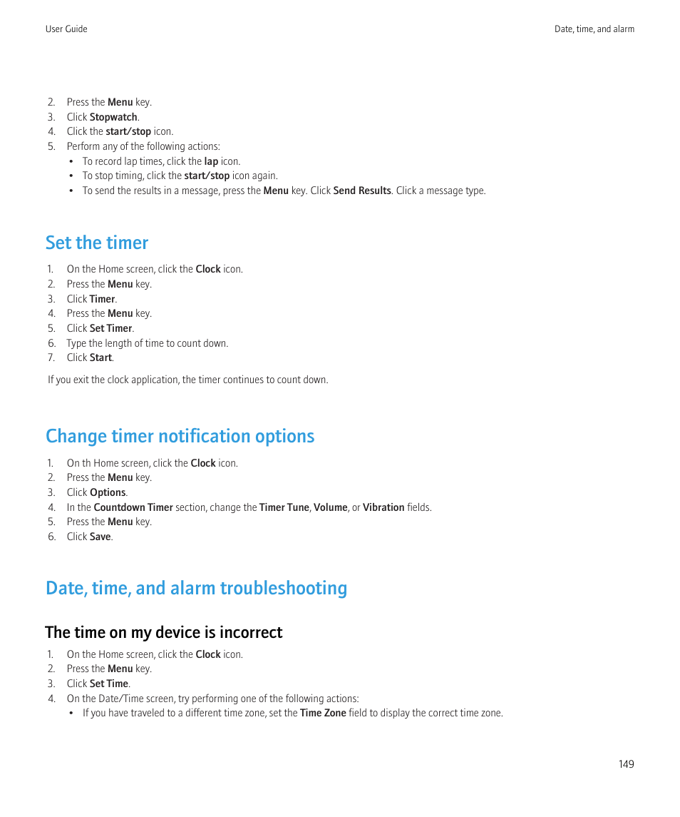 Set the timer, Change timer notification options, Date, time, and alarm troubleshooting | The time on my device is incorrect | Blackberry Bold 9700 User Manual | Page 151 / 332