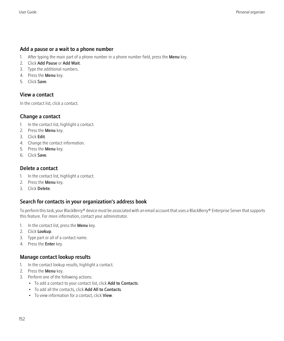 Add a pause or a wait to a phone number, 152, Change a contact, 152 | Blackberry Bold 9700 User Manual | Page 154 / 332