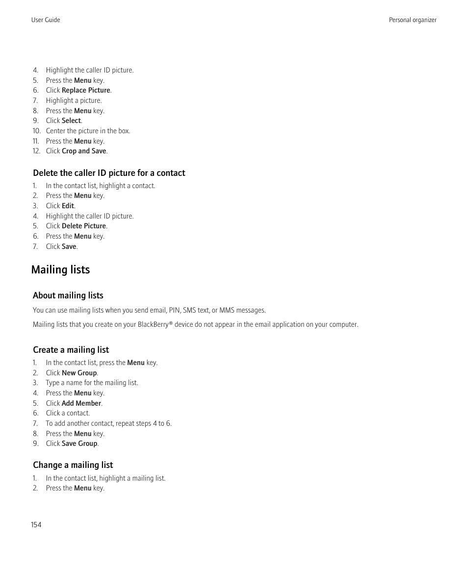 Mailing lists, 154, Mailing lists | Blackberry Bold 9700 User Manual | Page 156 / 332