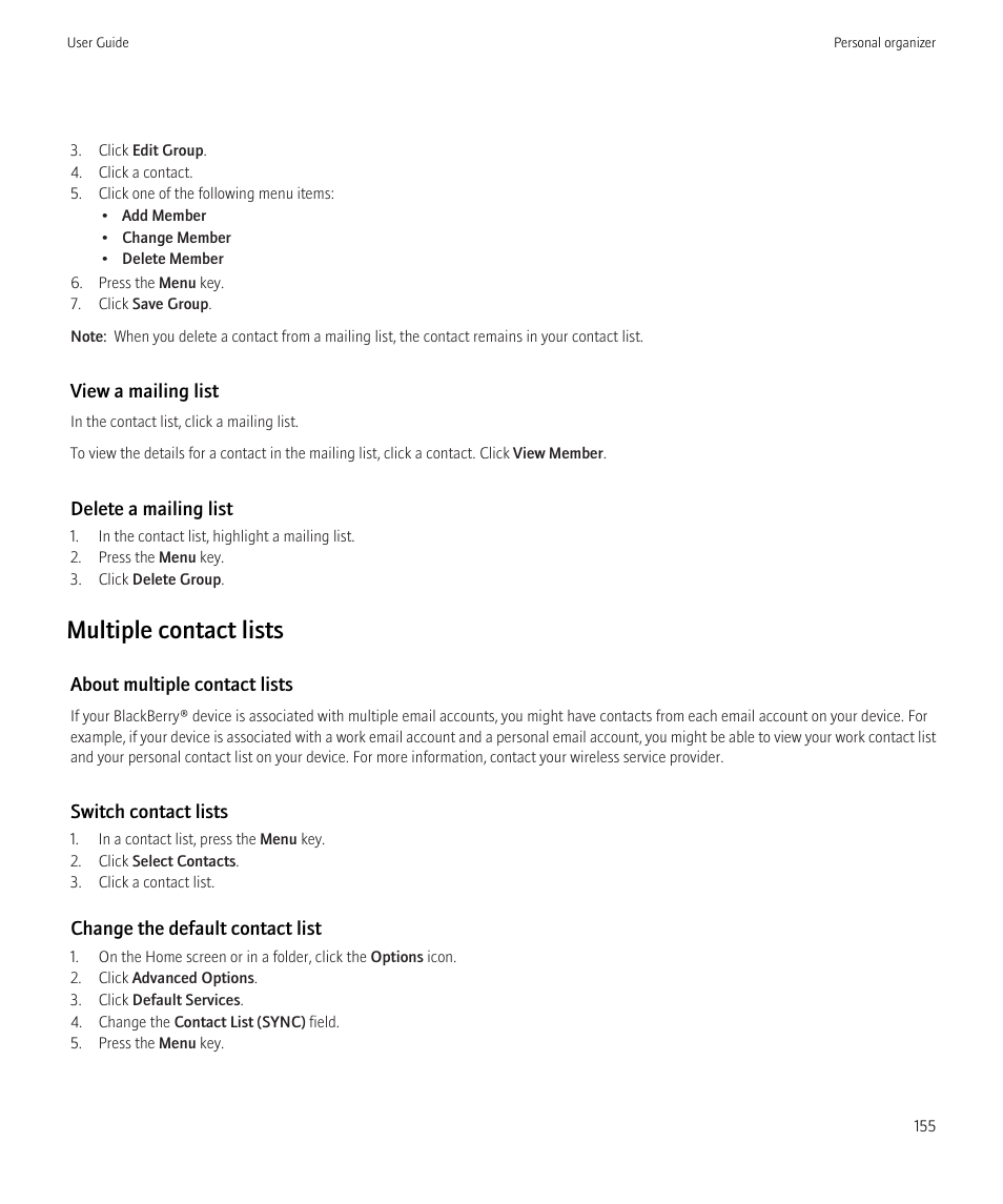 Multiple contact lists | Blackberry Bold 9700 User Manual | Page 157 / 332