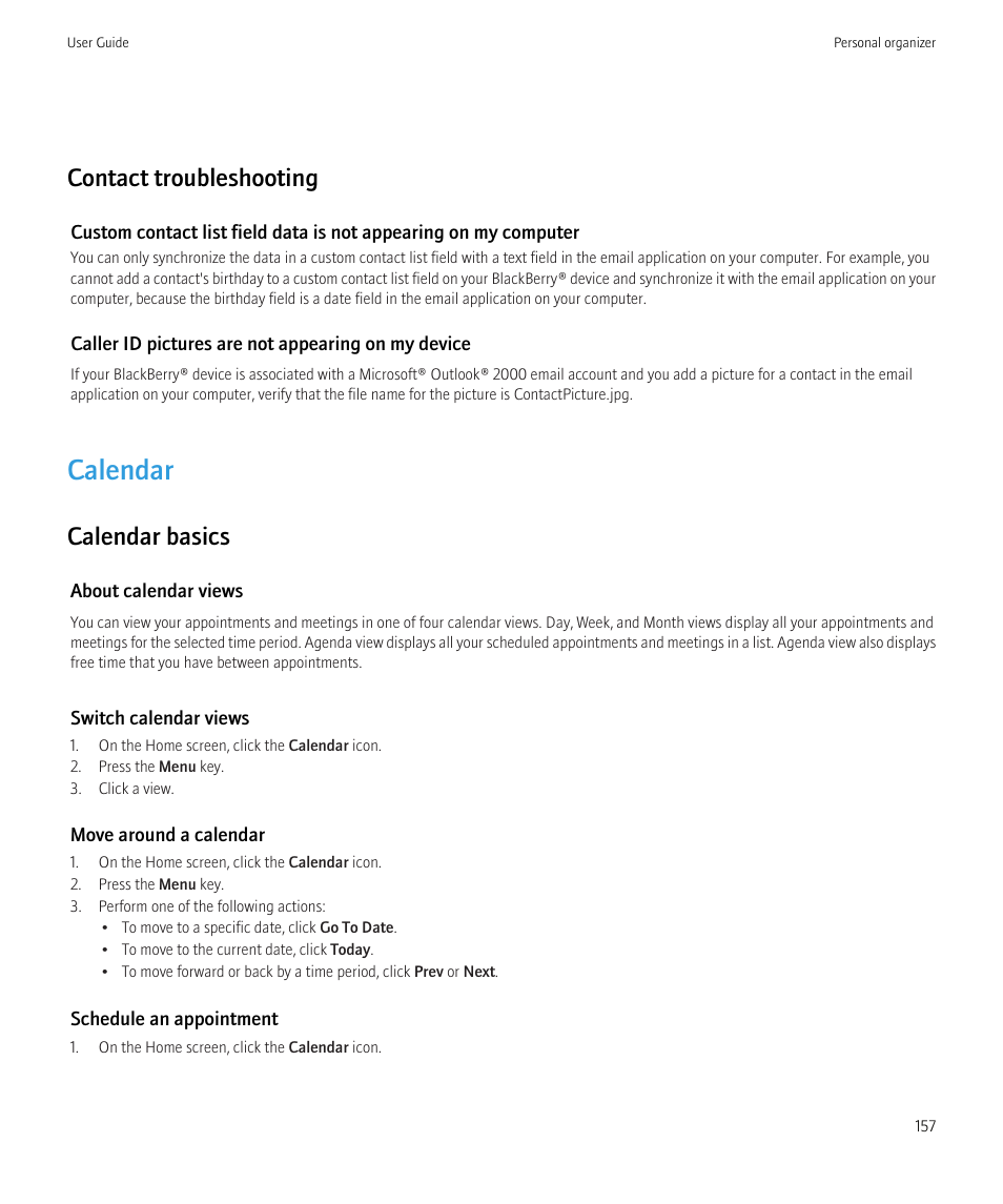 Calendar, Contact troubleshooting, Calendar basics | Blackberry Bold 9700 User Manual | Page 159 / 332