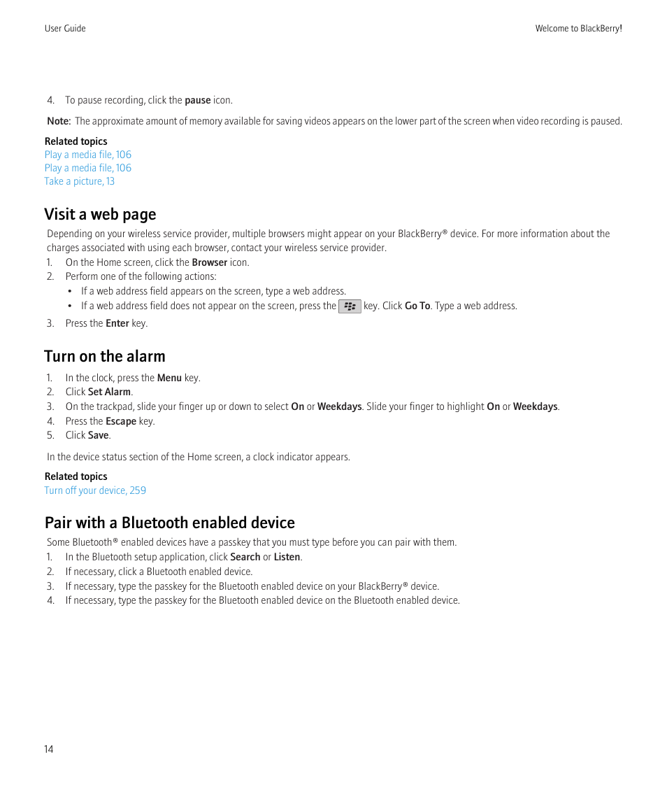 Visit a web page, Turn on the alarm, Pair with a bluetooth enabled device | Blackberry Bold 9700 User Manual | Page 16 / 332
