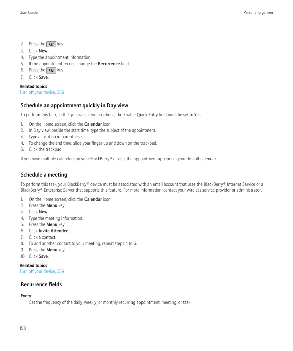 Schedule an appointment quickly in day view, Schedule a meeting, Recurrence fields | Blackberry Bold 9700 User Manual | Page 160 / 332