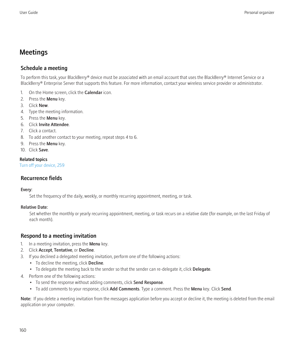 Meetings | Blackberry Bold 9700 User Manual | Page 162 / 332