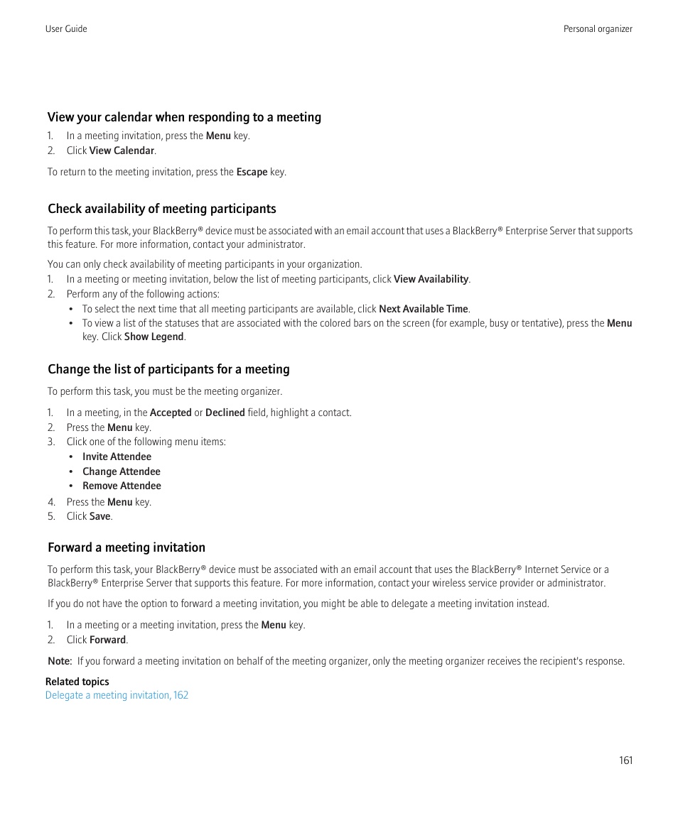 View your calendar when responding to a meeting, Check availability of meeting participants, Change the list of participants for a meeting | Forward a meeting invitation | Blackberry Bold 9700 User Manual | Page 163 / 332