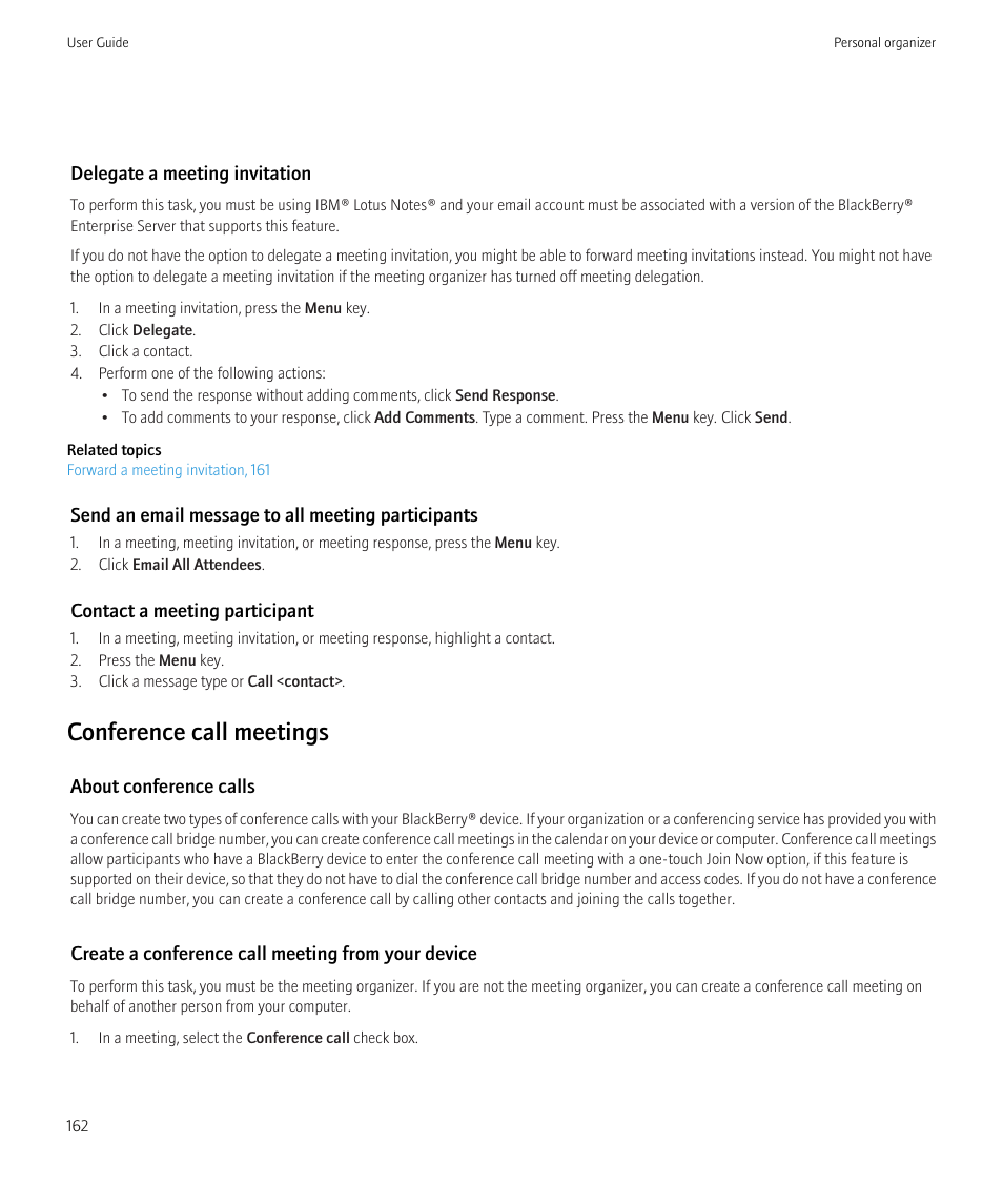 Conference call meetings | Blackberry Bold 9700 User Manual | Page 164 / 332