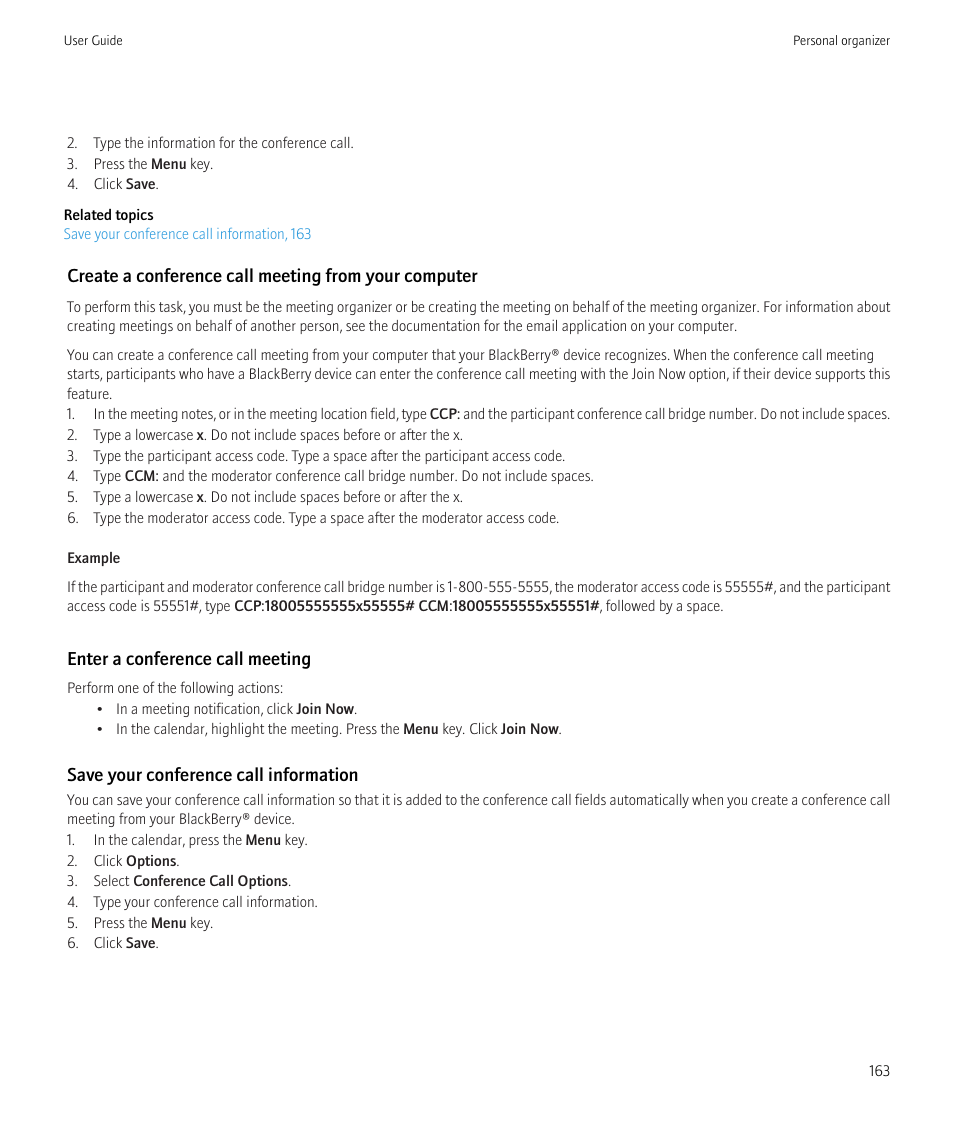 Enter a conference call meeting, Save your conference call information | Blackberry Bold 9700 User Manual | Page 165 / 332