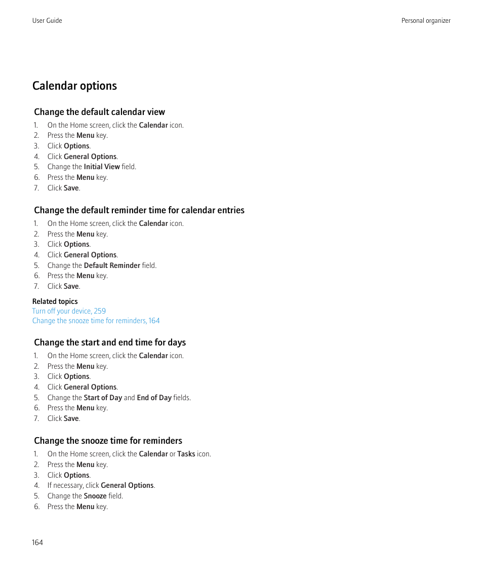 Calendar options | Blackberry Bold 9700 User Manual | Page 166 / 332