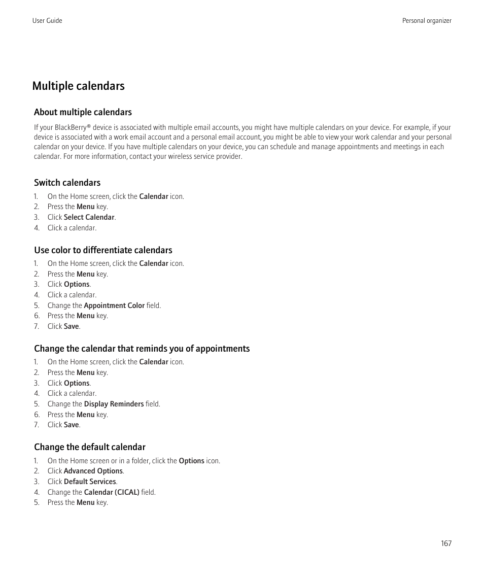 Multiple calendars | Blackberry Bold 9700 User Manual | Page 169 / 332