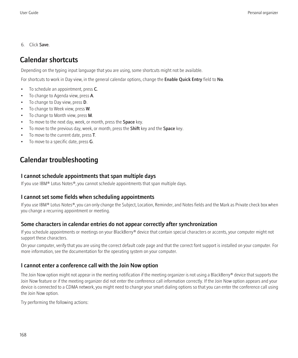 Calendar shortcuts, Calendar troubleshooting | Blackberry Bold 9700 User Manual | Page 170 / 332