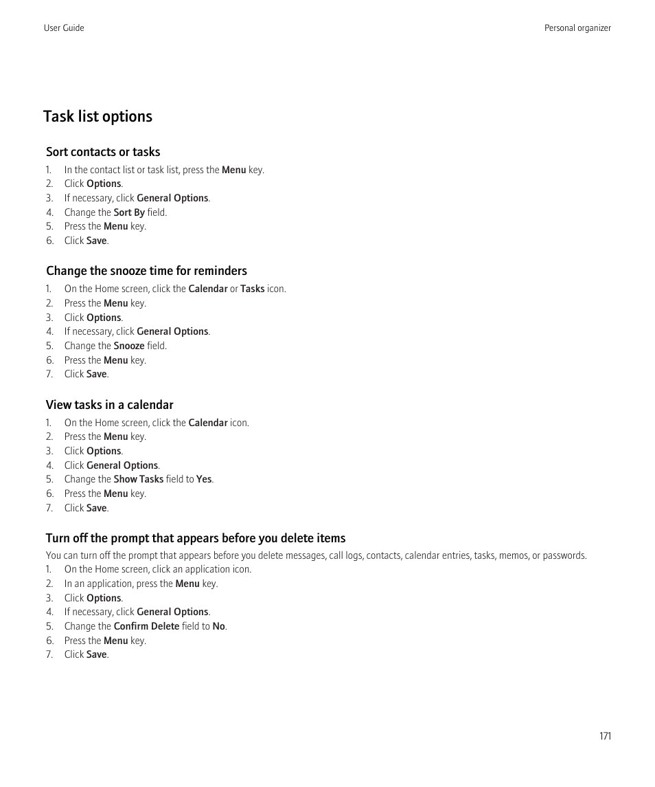 Task list options | Blackberry Bold 9700 User Manual | Page 173 / 332