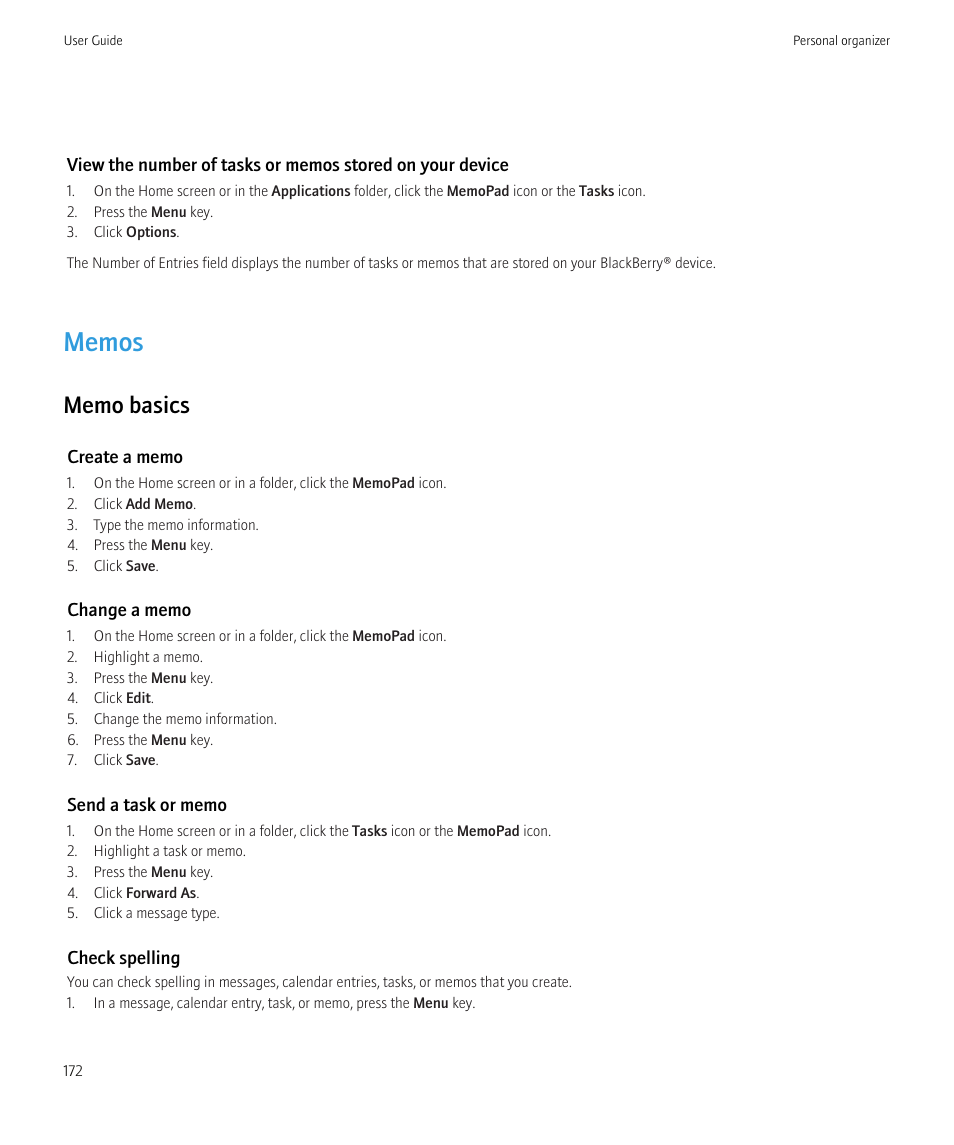 Memos | Blackberry Bold 9700 User Manual | Page 174 / 332