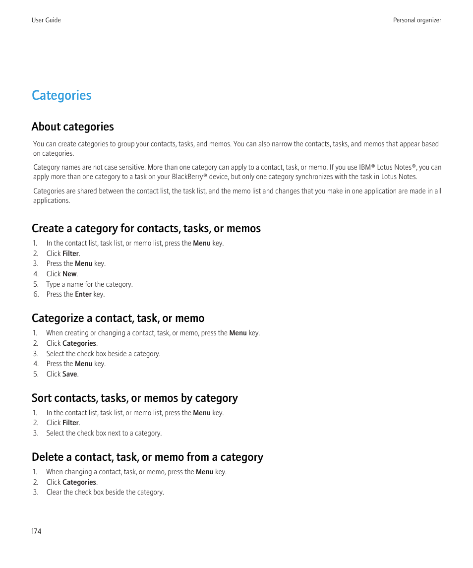 Categories, About categories | Blackberry Bold 9700 User Manual | Page 176 / 332