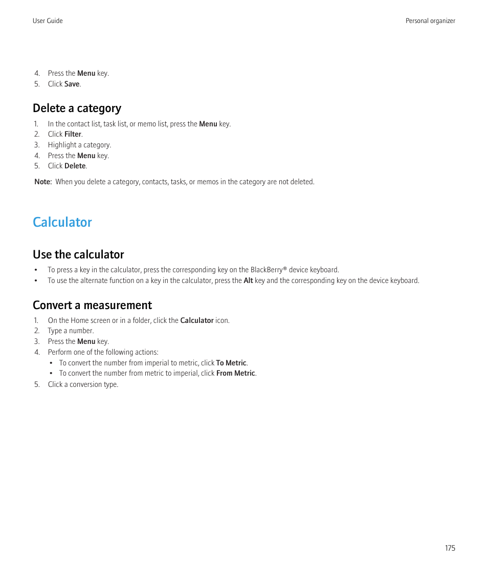 Calculator, Delete a category, Use the calculator | Convert a measurement | Blackberry Bold 9700 User Manual | Page 177 / 332