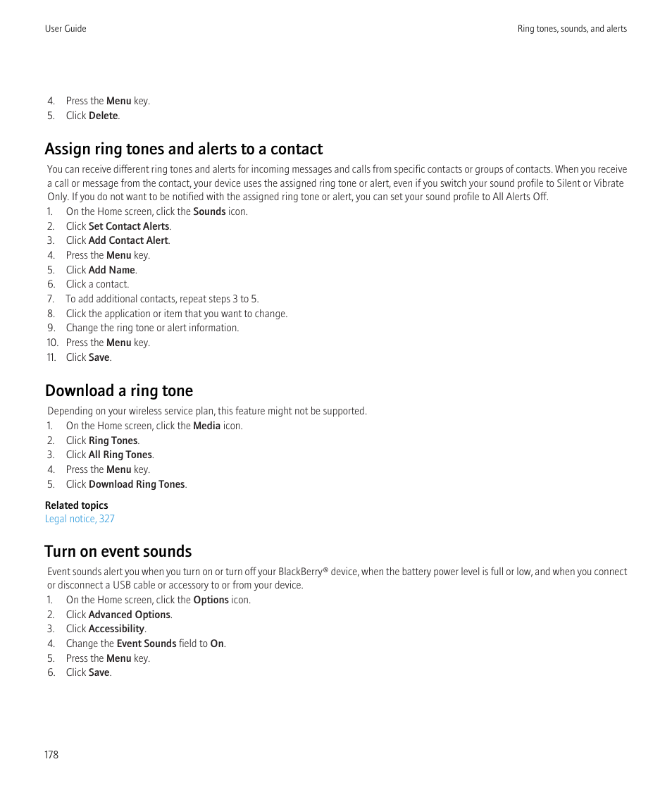 Assign ring tones and alerts to a contact, Download a ring tone, Turn on event sounds | Blackberry Bold 9700 User Manual | Page 180 / 332