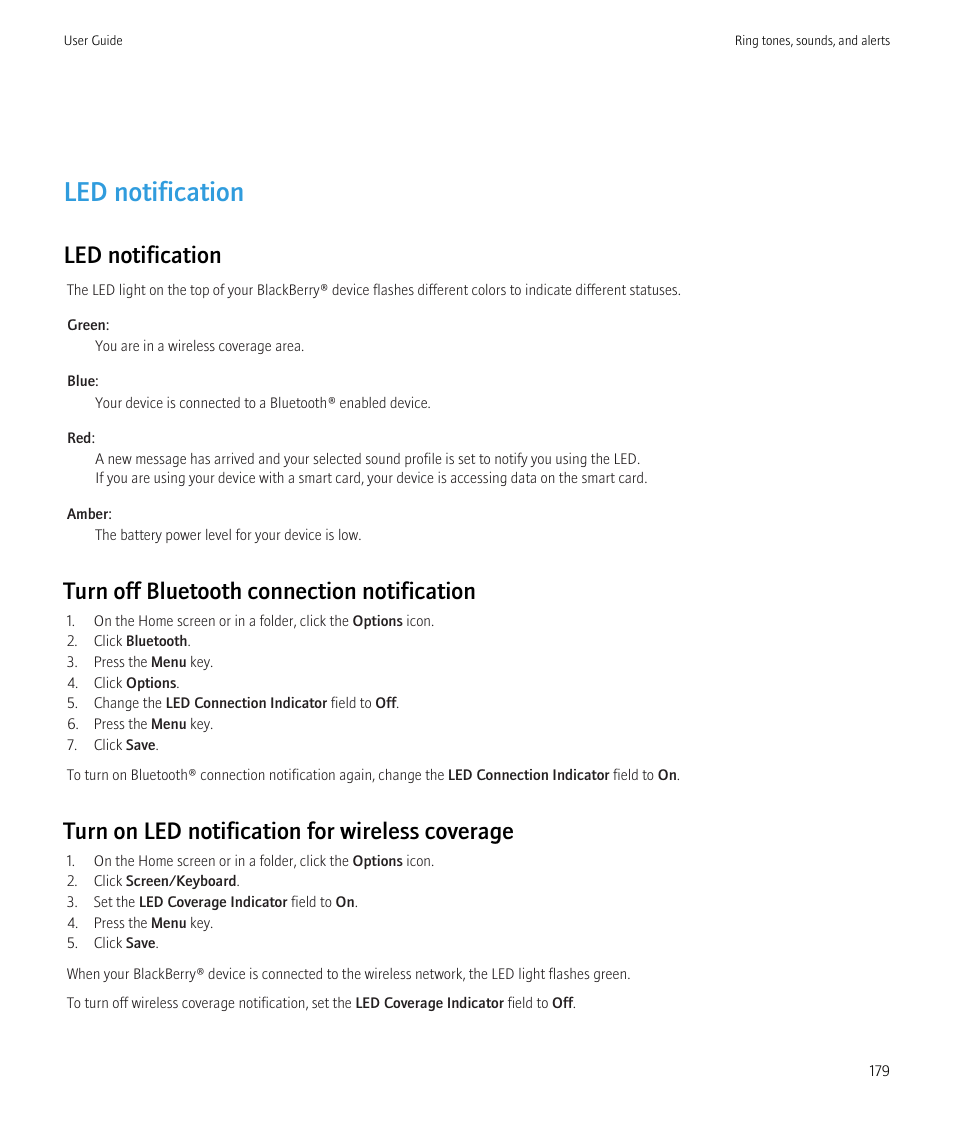 Led notification, Turn off bluetooth connection notification, Turn on led notification for wireless coverage | Blackberry Bold 9700 User Manual | Page 181 / 332