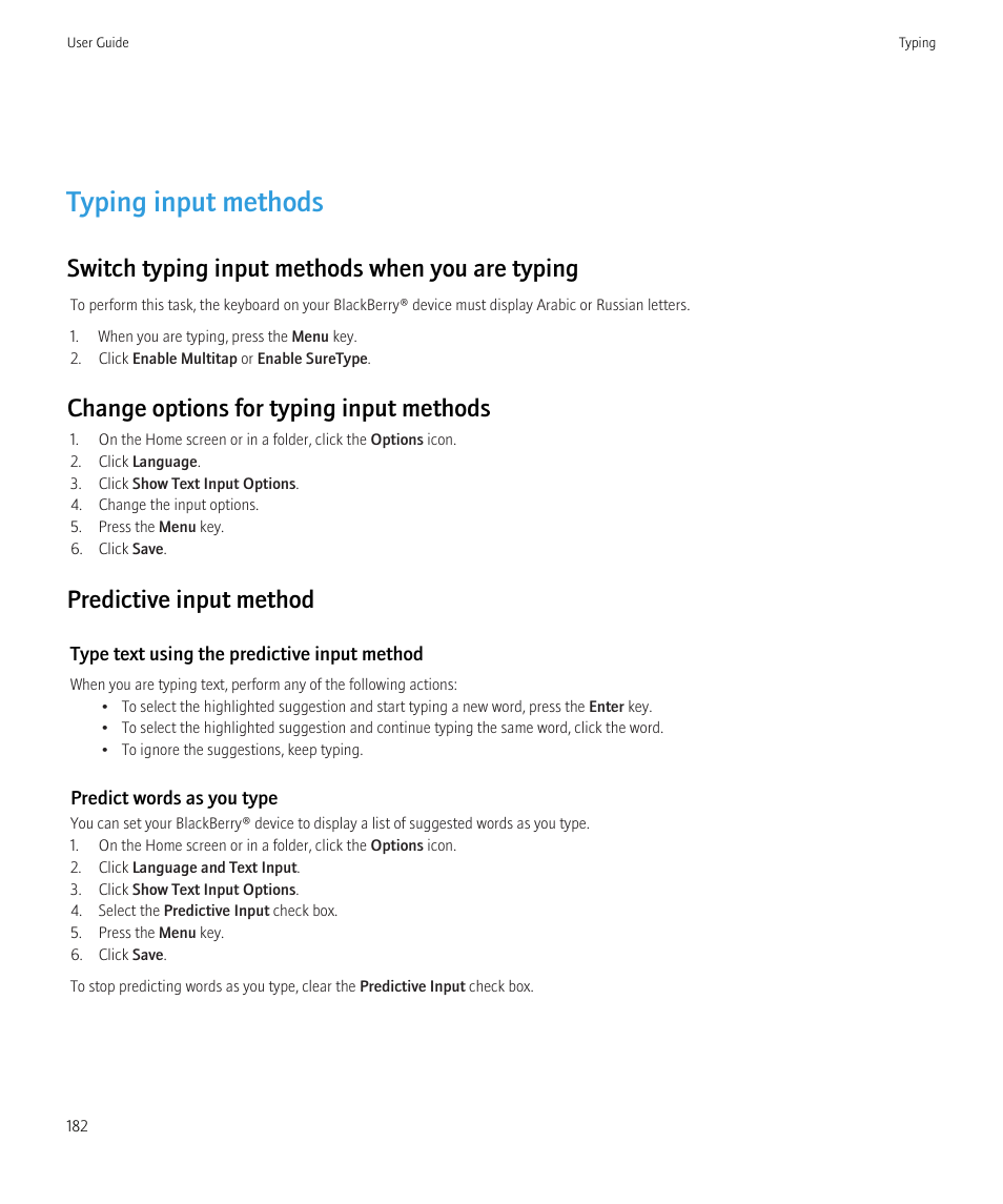 Typing input methods, Switch typing input methods when you are typing, Change options for typing input methods | Predictive input method | Blackberry Bold 9700 User Manual | Page 184 / 332