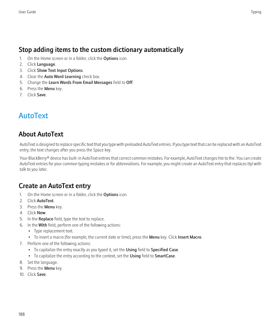 Autotext, About autotext, Create an autotext entry | Blackberry Bold 9700 User Manual | Page 190 / 332