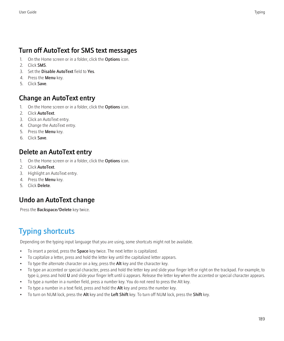 Typing shortcuts, Turn off autotext for sms text messages, Change an autotext entry | Delete an autotext entry, Undo an autotext change | Blackberry Bold 9700 User Manual | Page 191 / 332