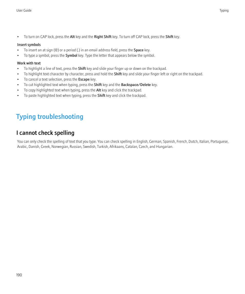 Typing troubleshooting, I cannot check spelling | Blackberry Bold 9700 User Manual | Page 192 / 332