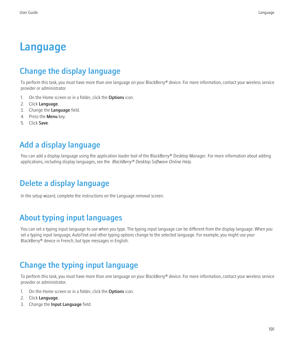 Language, Change the display language, Add a display language | Delete a display language, About typing input languages, Change the typing input language | Blackberry Bold 9700 User Manual | Page 193 / 332