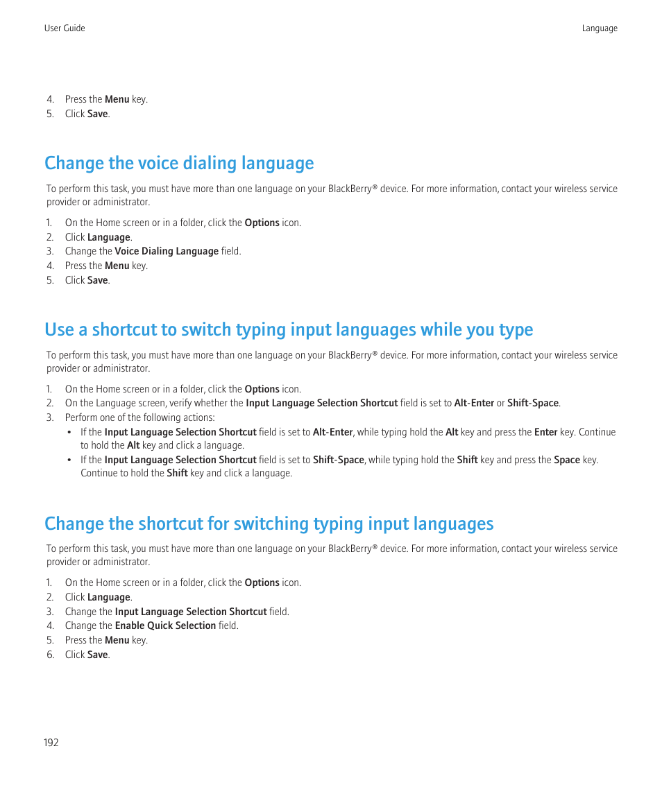 Change the voice dialing language | Blackberry Bold 9700 User Manual | Page 194 / 332