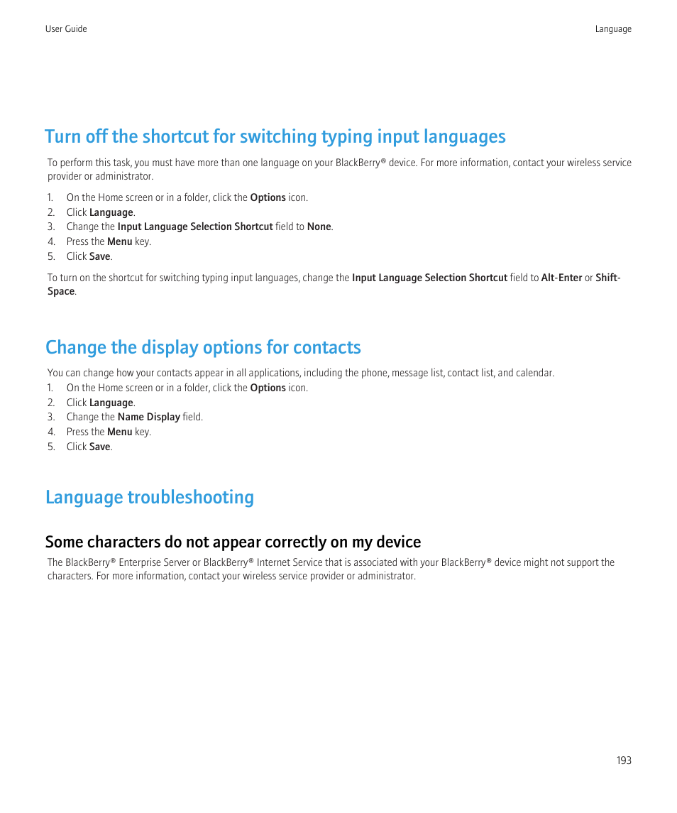 Change the display options for contacts, Language troubleshooting | Blackberry Bold 9700 User Manual | Page 195 / 332